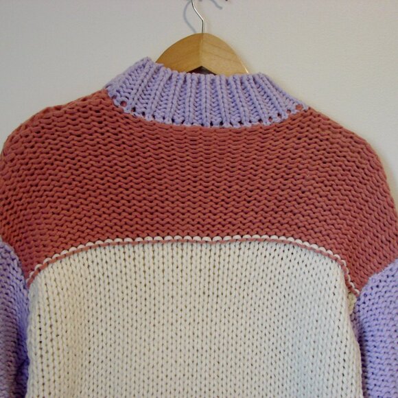 Dreamers Chunky Knit Sweater Colourblock Purple Pink Cream Mock Neck Size Small - Picture 11 of 12